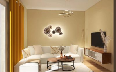 Stilvolles Wohnzimmer in Naturtönen und Gold-Elementen